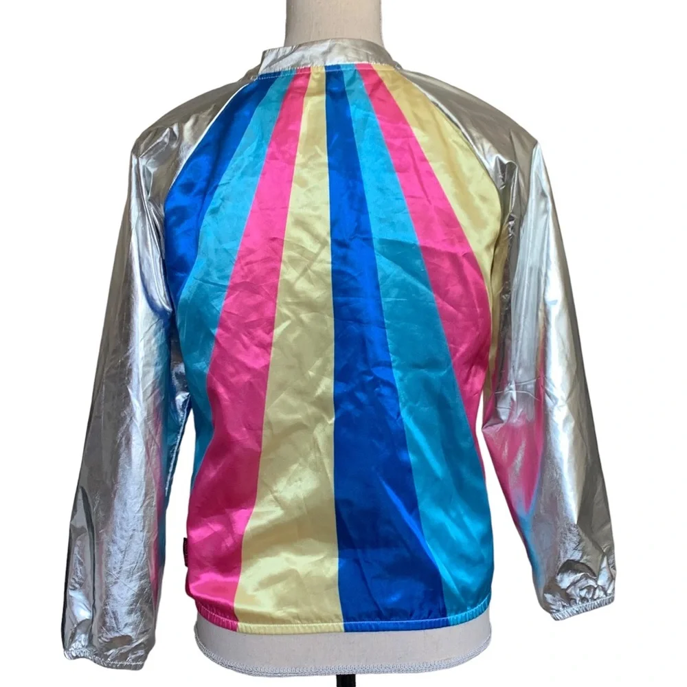 JoJo's Closet Silver & Rainbow Stripes Bomber Jacket Girls Size XL 14/16